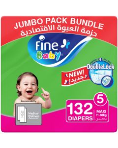 Fine Baby Diapers, Size 5, Maxi 11â€“18kg, Jumbo Pack, 3 packs of 44 diapers, 132 total count