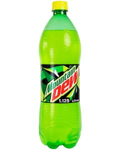 MOUNTAIN DEW CARBONATED SOFT DRINK, PLASTIC BOTTLE, 1.125LTR